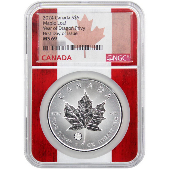 2024 Canada Silver Maple Leaf Year of the Dragon Privy 1oz MS69 FDI NGC Maple Leaf Label