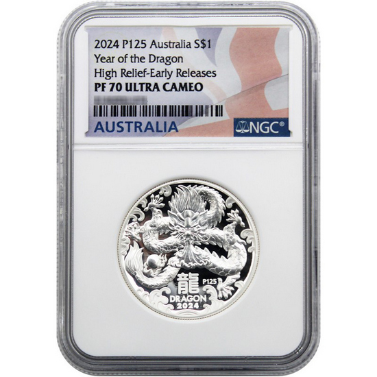 2024 P125 Australia Silver Year of the Dragon Lunar Series III 1oz HR Coin PF70 UC ER NGC Flag Label