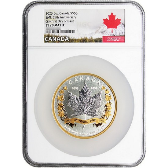 2023 Canada Silver Maple Leaf 35th Anniv 5oz Matte Coin PF70 UC Gilded FDI NGC Maple Leaf Label