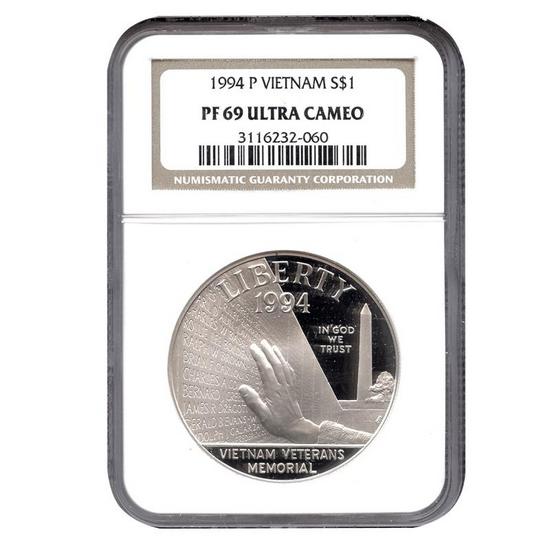 1994 P Vietnam War Silver Dollar PF69 UC NGC Brown Label