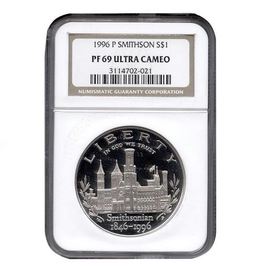 1996 P Smithsonian Silver Dollar PF69 UC NGC Brown Label