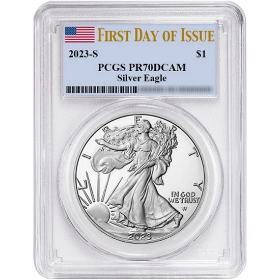2023 S Silver American Eagle Coin PR70 DCAM FDI PCGS Flag Label