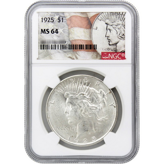 1925 Peace Dollar Silver MS64 NGC Peace/Flag Label