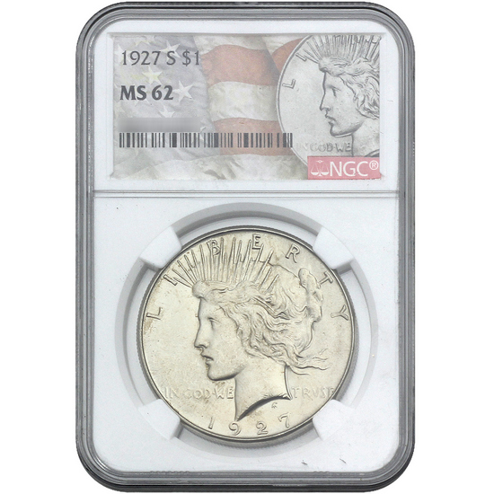 1927 S Silver Peace Dollar MS62 NGC Peace/Flag Label