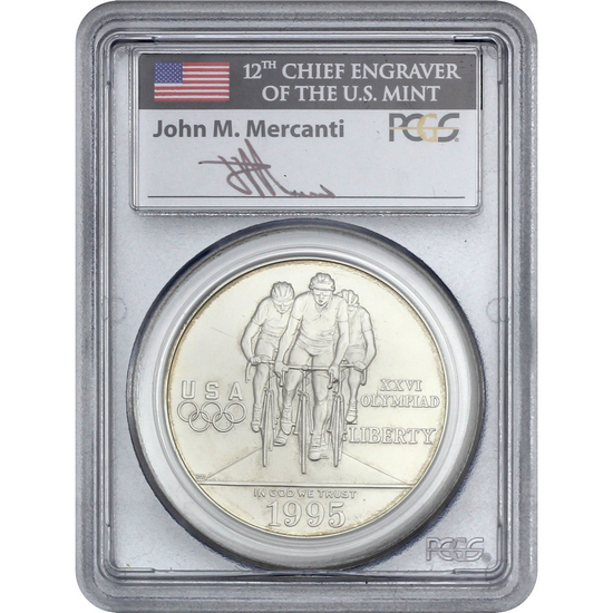 1995 D Olympic Cycling Commemorative Silver Dollar MS69 PCGS John Mercanti Signed