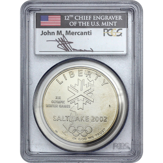 2002 P Olympics Salt Lake City Silver Dollar MS70 PCGS John Mercanti Signed