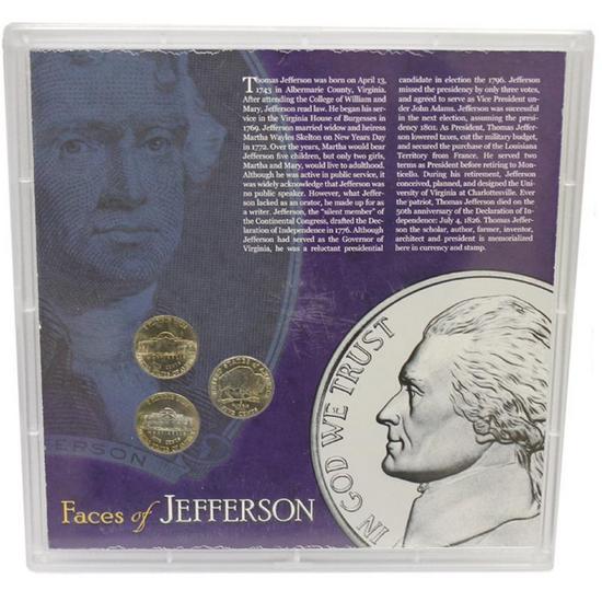 Faces of Jefferson Nickels Stamps and $2 Bill