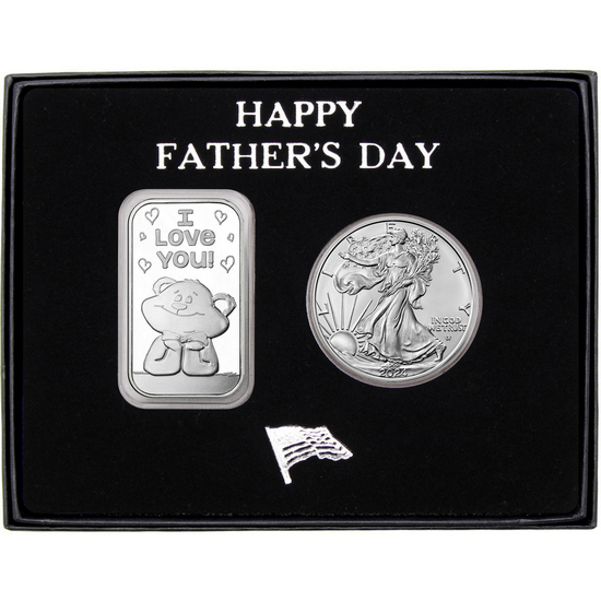 Happy Father's Day I Love You Bear Silver Bar and Silver American Eagle 2pc Gift Set