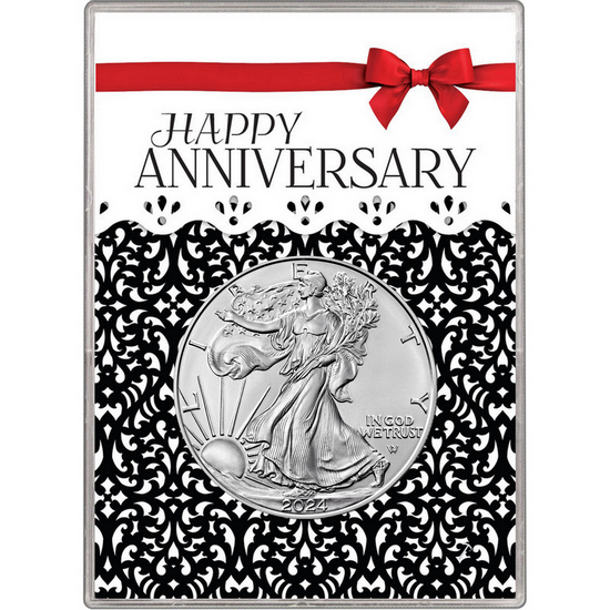 2024 Silver American Eagle BU in Happy Anniversary Red Bow Gift Holder