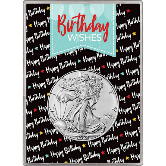2024 Silver American Eagle BU in Birthday Wishes Balloons Gift Holder