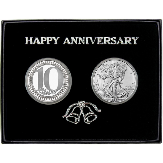 Happy 10 Year Anniversary Silver Medallion and Silver American Eagle 2pc Gift Set