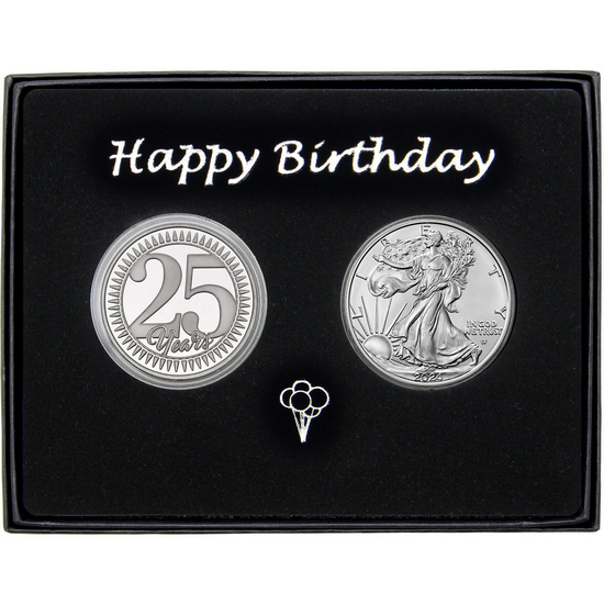 25 Years! Happy Birthday Silver Medallion and Silver American Eagle 2pc Gift Set