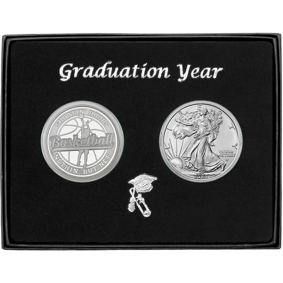 Graduation 2024 Basketball Athlete Silver Medallion and Silver American Eagle 2pc Gift Set