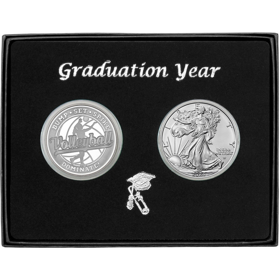 Graduation 2024 Volleyball Athlete Silver Medallion and Silver American Eagle 2pc Gift Set