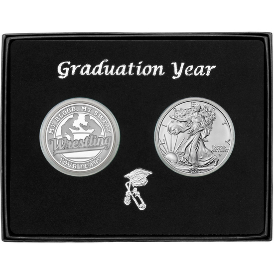 Graduation 2024 Wrestling Athlete Silver Medallion and Silver American Eagle 2pc Gift Set