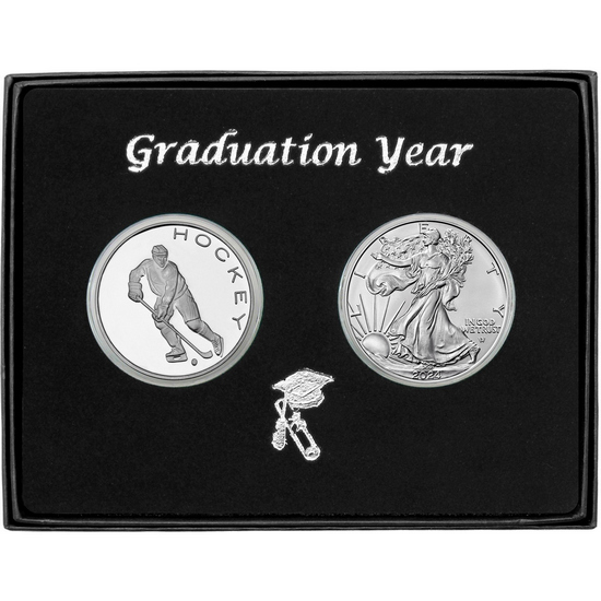 Graduation 2024 Hockey Athlete Silver Round and Silver American Eagle 2pc Gift Set