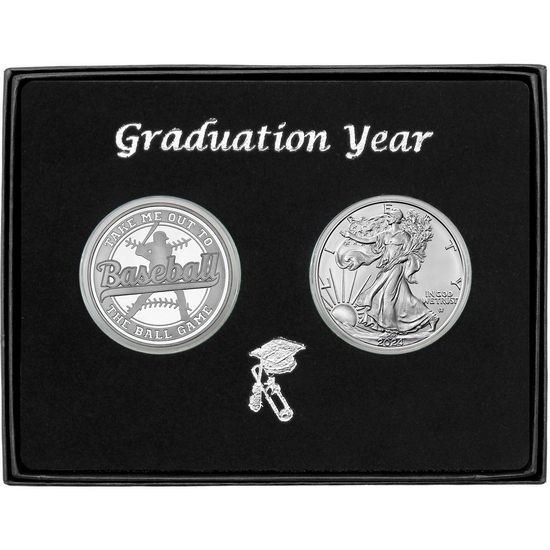 Graduation 2024 Baseball Athlete Silver Medallion and Silver American Eagle 2pc Gift Set