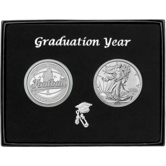 Graduation 2024 Football Athlete Silver Medallion and Silver American Eagle 2pc Gift Set
