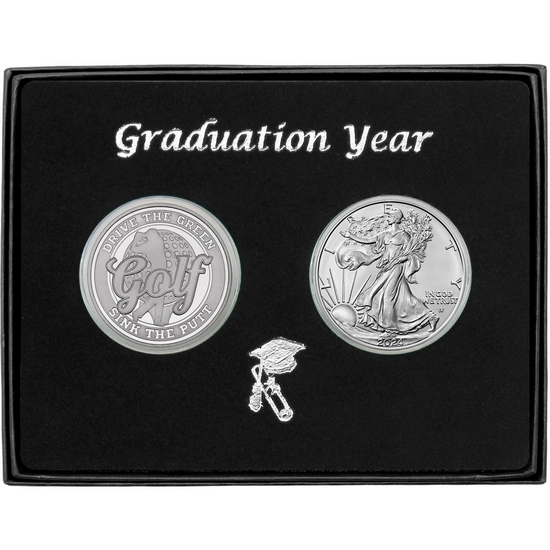 Graduation 2024 Golf Athlete Silver Medallion and Silver American Eagle 2pc Gift Set