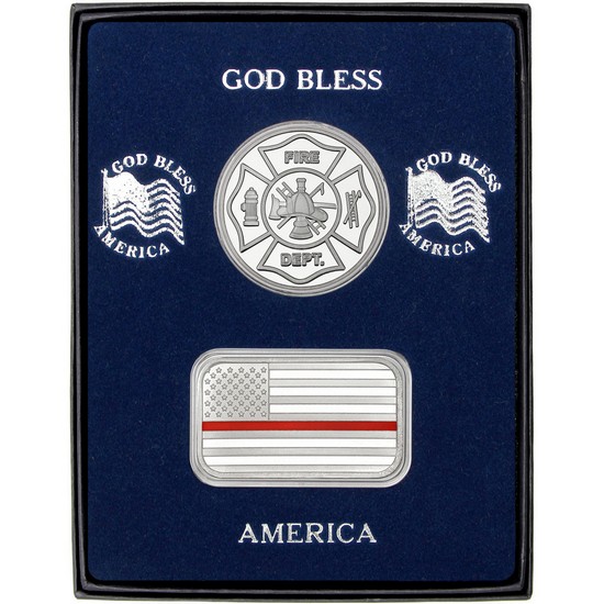 Enameled Red Line American Flag Silver Bar and Fire Department Silver Medallion 2pc Gift Set