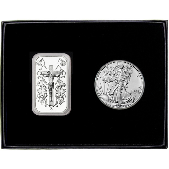 Jesus on the Cross Silver Bar and Silver American Eagle 2pc Gift Set