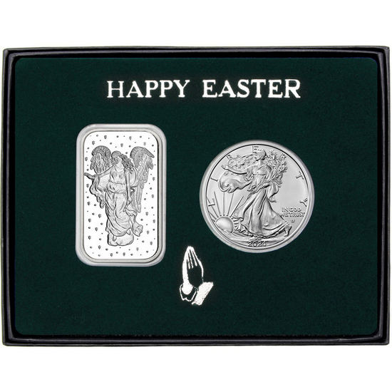 Happy Easter Guardian Angel Silver Bar and Silver American Eagle 2pc Gift Set