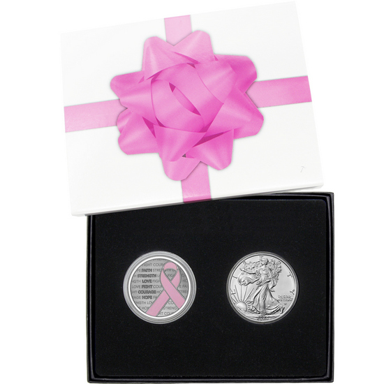 Breast Cancer Awareness Pink Ribbon Medallion and SAE Gift Set