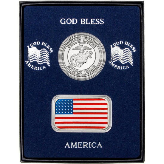 Enameled American Flag Silver Bar and Marines Silver Medallion 2pc Box Set