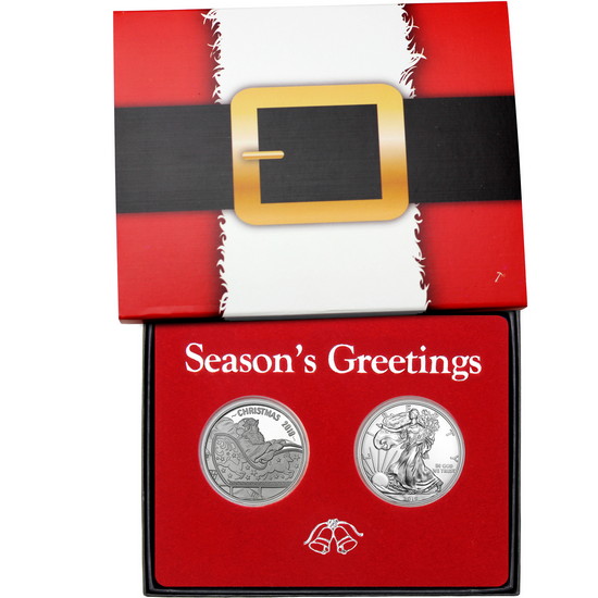 Season's Greetings Santa on his Sleigh Silver Round and SAE Gift Set