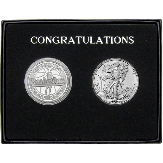 Congratulations Basketball Athlete Silver Medallion and Silver American Eagle 2pc Gift Set