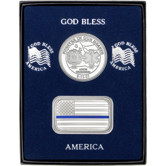 9/11 Tribute Silver Medallion and Blue Line Enameled American Flag Silver Bar 2pc Gift Set