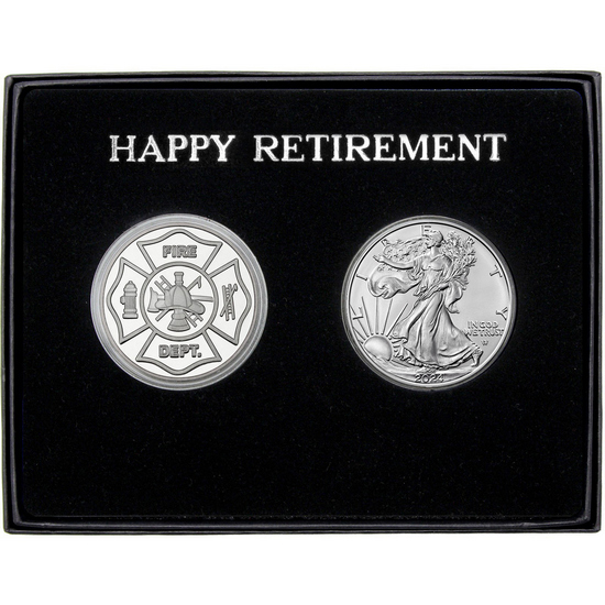 Happy Retirement Fire Department Silver Medallion and Silver American Eagle 2pc Gift Set