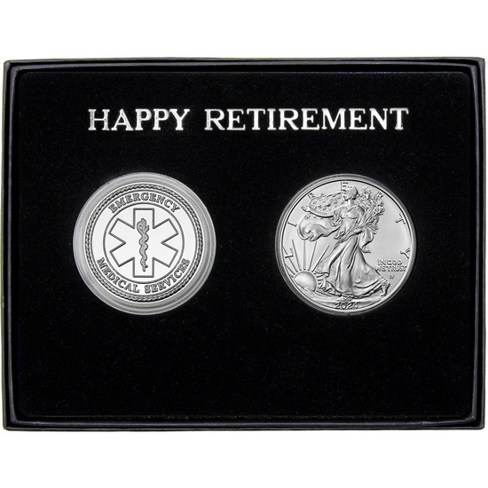 Happy Retirement EMS Silver Medallion and Silver American Eagle 2pc Gift Set