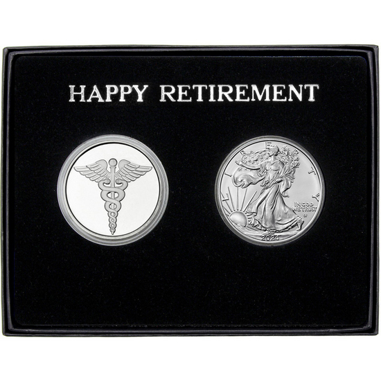 Happy Retirement Medical Silver Medallion and Silver American Eagle 2pc Gift Set