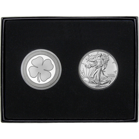 Four Leaf Clover Stackables Silver Medallion and Silver American Eagle 2pc Gift Set