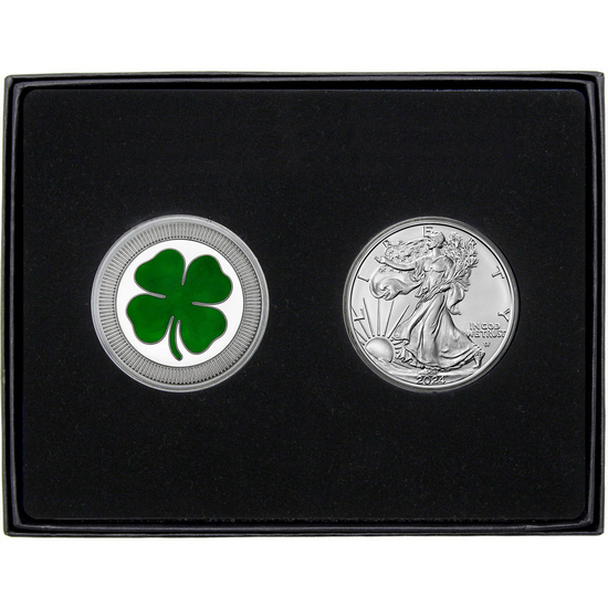 Four Leaf Clover Stackables Enameled Silver Medallion and Silver American Eagle 2pc Gift Set