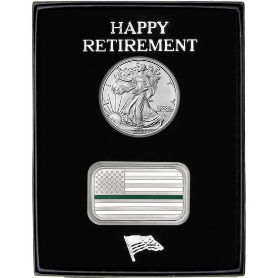 Happy Retirement Enameled Green Line American Flag Silver Bar and Silver American Eagle 2pc Gift Set