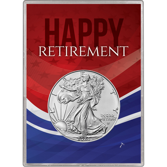 2024 Silver American Eagle BU in Happy Retirement! Gift Holder