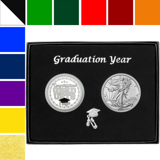 Graduation Year 2024 Custom Enameled Graduate Silver Medallion and Silver American Eagle 2pc Gift Set