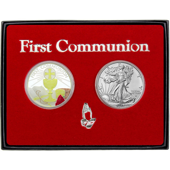 First Communion Enameled Silver Medallion and Silver American Eagle 2pc Gift Set