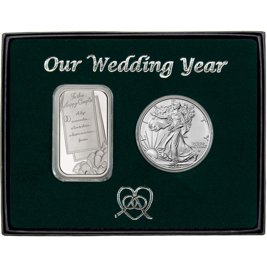 Our Wedding Year Silver Bar and Silver American Eagle 2pc Gift Set