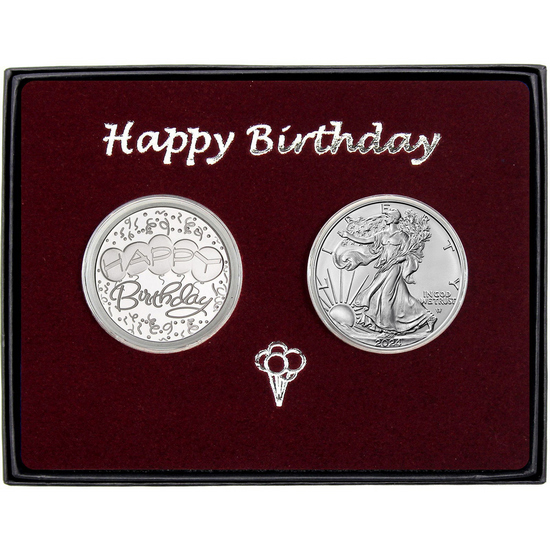 Happy Birthday Silver Medallion and Silver American Eagle 2pc Gift Set