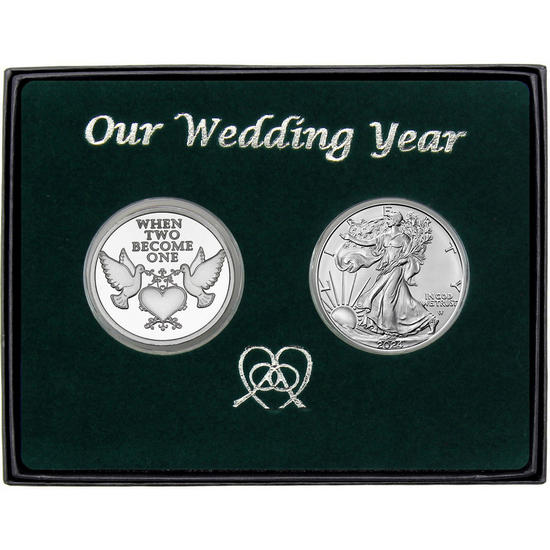 Our Wedding Year Silver Doves Medallion and Silver American Eagle 2pc Gift Set