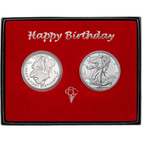 Baby's First Birthday Birthday Silver Medallion and Silver American Eagle 2pc Gift Set