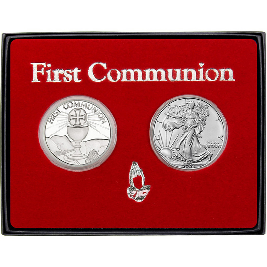 First Communion Silver Medallion and Silver American Eagle 2pc Gift Set