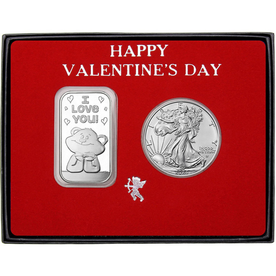 Valentine I Love You Bear Silver Bar and Silver American Eagle 2pc Gift Set