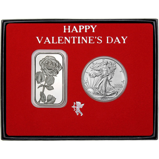 Valentine Rose Silver Bar and Silver American Eagle 2pc Gift Set