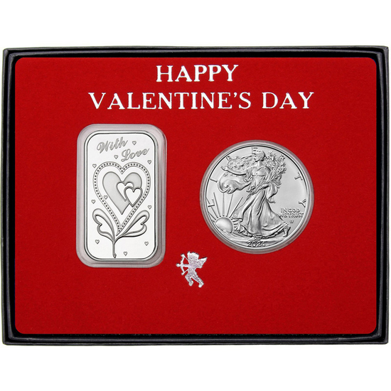 Valentine With Love Hearts Silver Bar and Silver American Eagle 2pc Gift Set