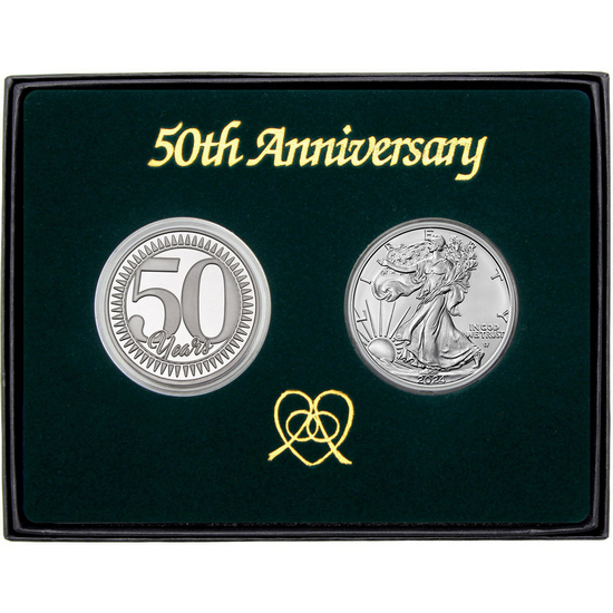 50th Anniversary Year Silver Medallion and Silver American Eagle 2pc Gift Set