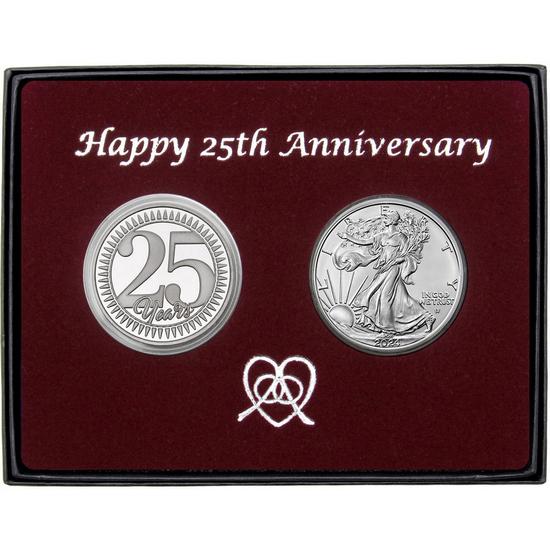 25th Anniversary Year Silver Medallion and Silver American Eagle 2pc Gift Set
